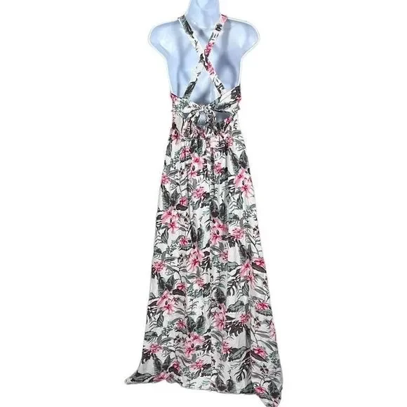 Sim & Sam Womens Pink/Gray/Green Tropical Smocked Lined V-Neck Maxi Dres… - Picture 8 of 14